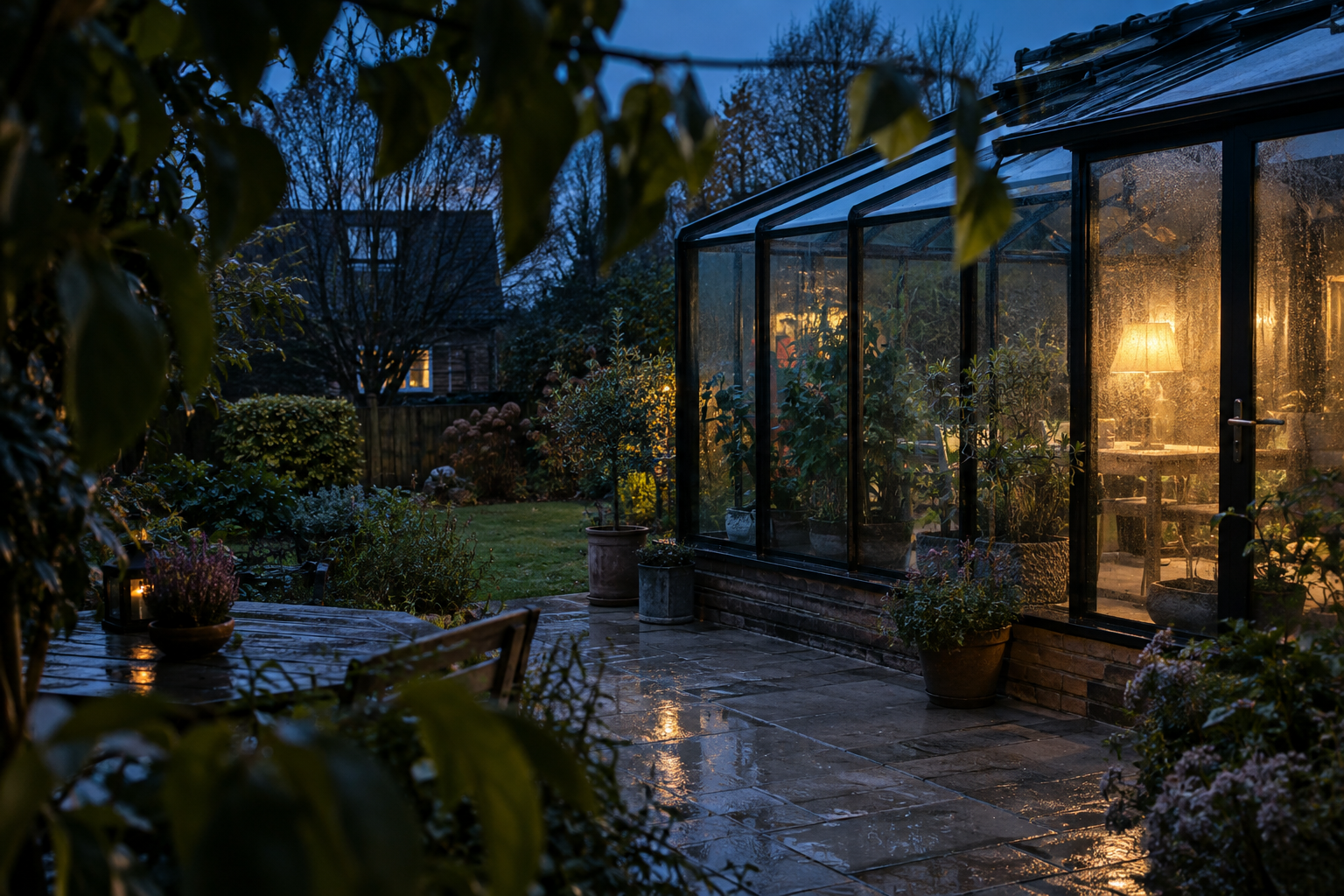 A rain-soaked greenhouse with warm light at dusk.